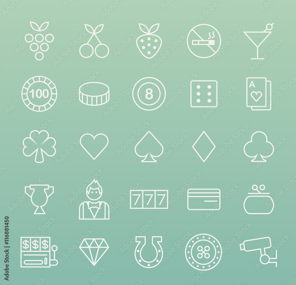 Set of Quality Universal Standard Minimal Simple White Thin Line Casino Icons on Color Background. Set of Quality Universal Standard Minimal Simple White Thin Line Casino Icons on Color Background.