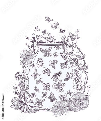 Black and white set of cute butterflies in bug, flowers. Jar with fireflies, doodle collection for adult coloring book page. Hand drawn vector illustration, decorative separated elements.