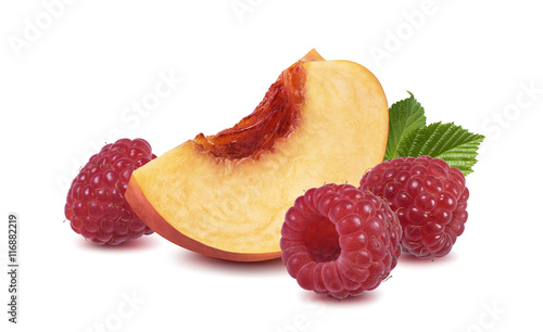 Peach slice raspberry leaves isolated on white background as package design element