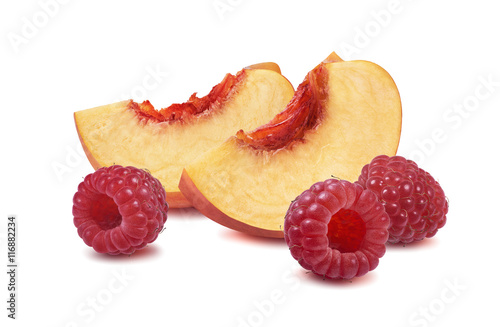 Double peach slice raspberry isolated on white background as package design element