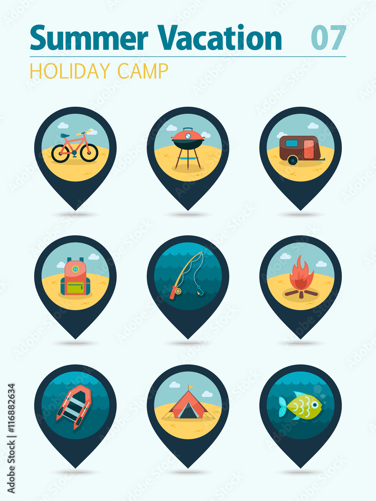 Summer camping pin map icon set. Holiday