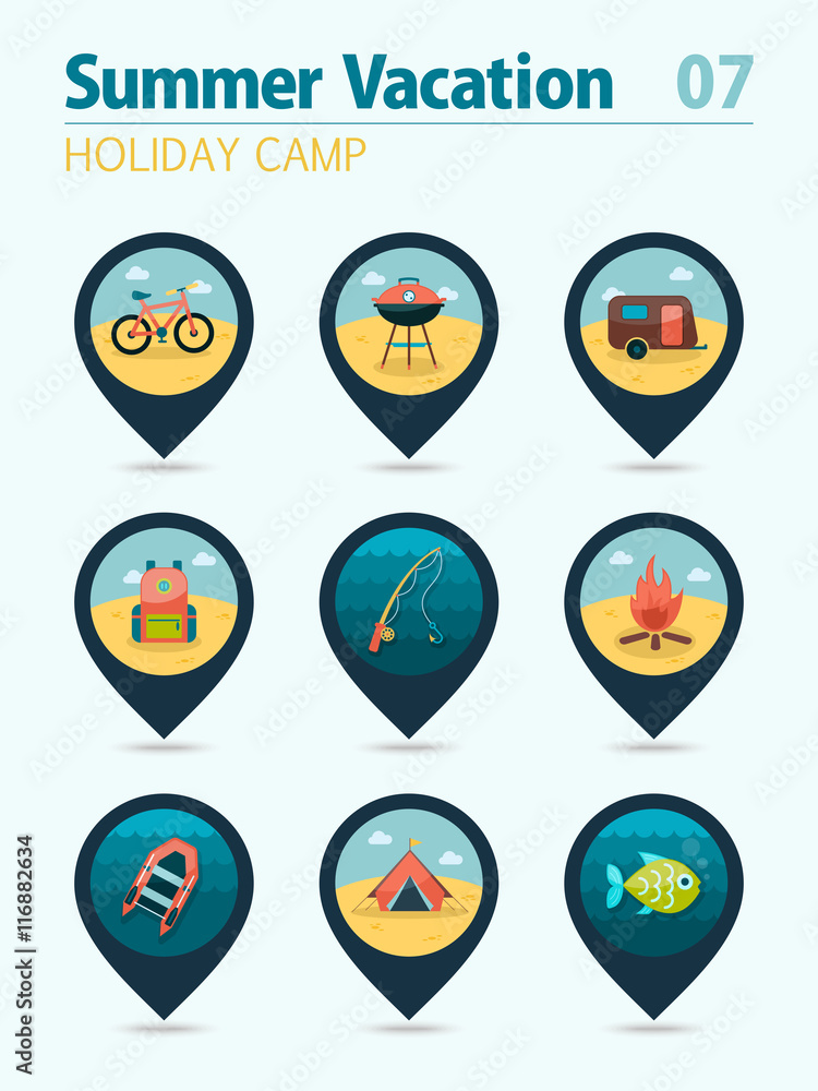 Summer camping pin map icon set. Holiday Summer camping pin map icon set. Holiday