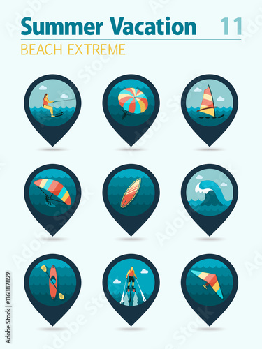 Extreme Water Sport pin map icon set. Vacation