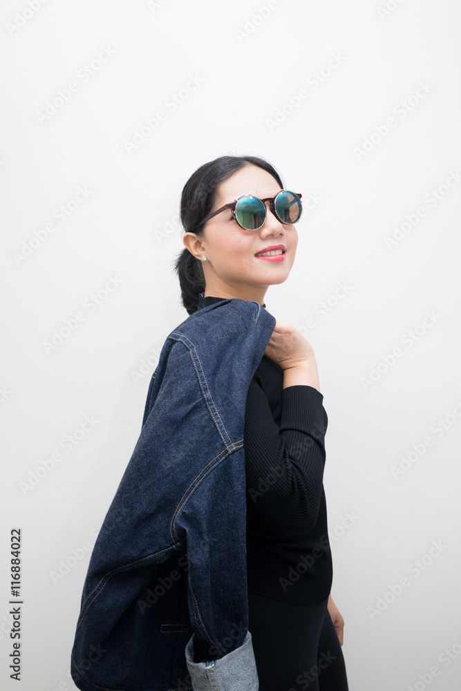 asian woman with jacket jeans fashion asian woman with jacket jeans fashion