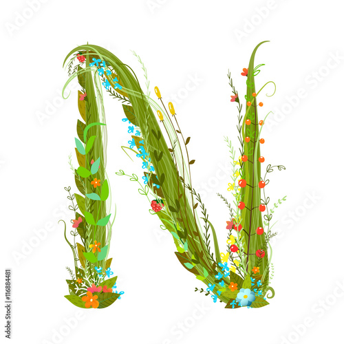 Flower calligraphy floral elegant decorative alphabet letter N