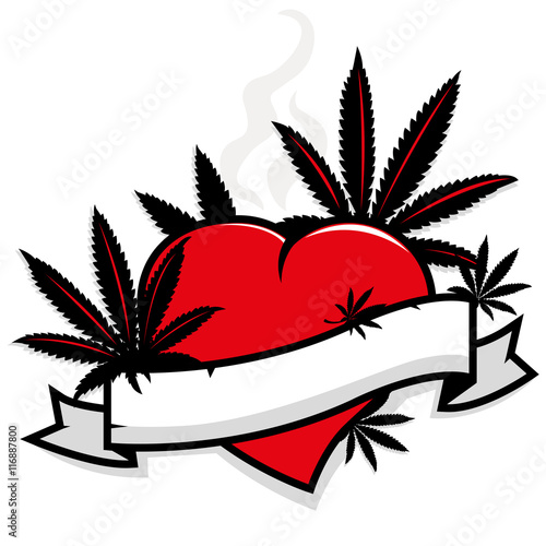 Blank banner with heart and leaves of marijuana. Vector illustration