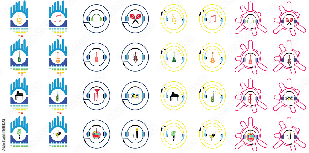 music instruments vector include guitar, cello, piano, drums with earphones and equalizer concept 