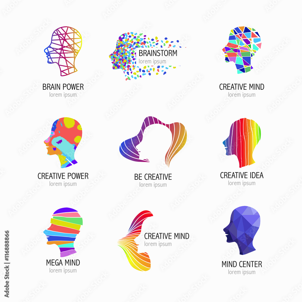 Creative mind, learning and design icons. Man head, people symbols. Vector illustration