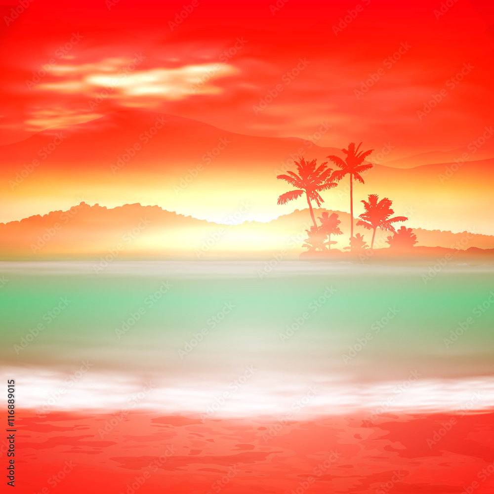 Background with sea and palm trees