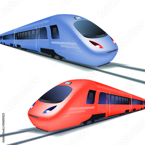 Set of high speed trains isolated on white background