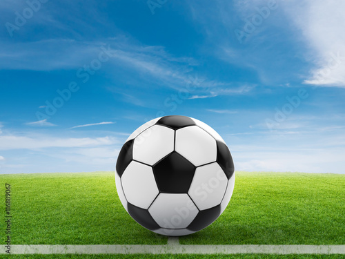 soccer ball on green field and blue sky background