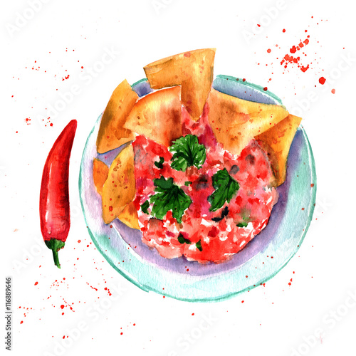 Watercolor drawing of pico de gallo, traditional Mexican dish