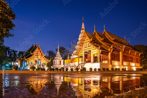 Beautiful Wat Phra Sing temple,Reflection in standing water Chi