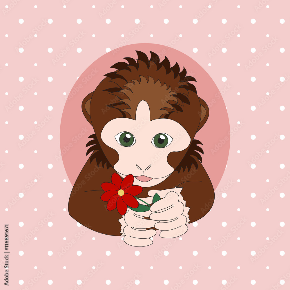 Fototapeta premium Dark brown monkey holding a red flower. Print for cards, children's books, clothes
