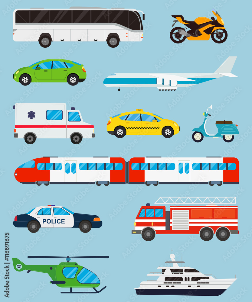 Transportation icons set. Municipal and Travel transport. Public transport. Flat design style. Vector Transportation icons set. Municipal and Travel transport. Public transport. Flat design style. Vector
