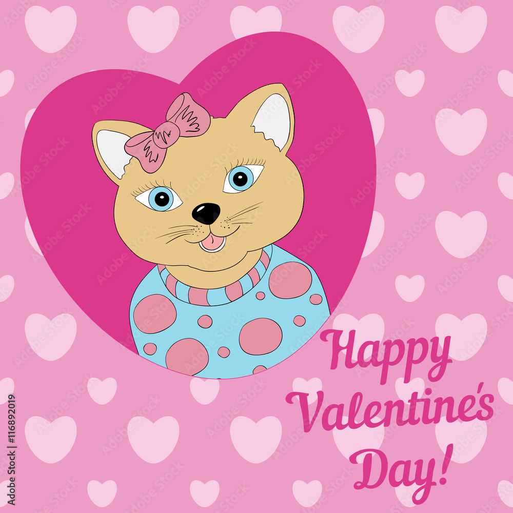 A cat with a pink bow. Print for clothing, postcards.Valentine's day A cat with a pink bow. Print for clothing, postcards.Valentine's day