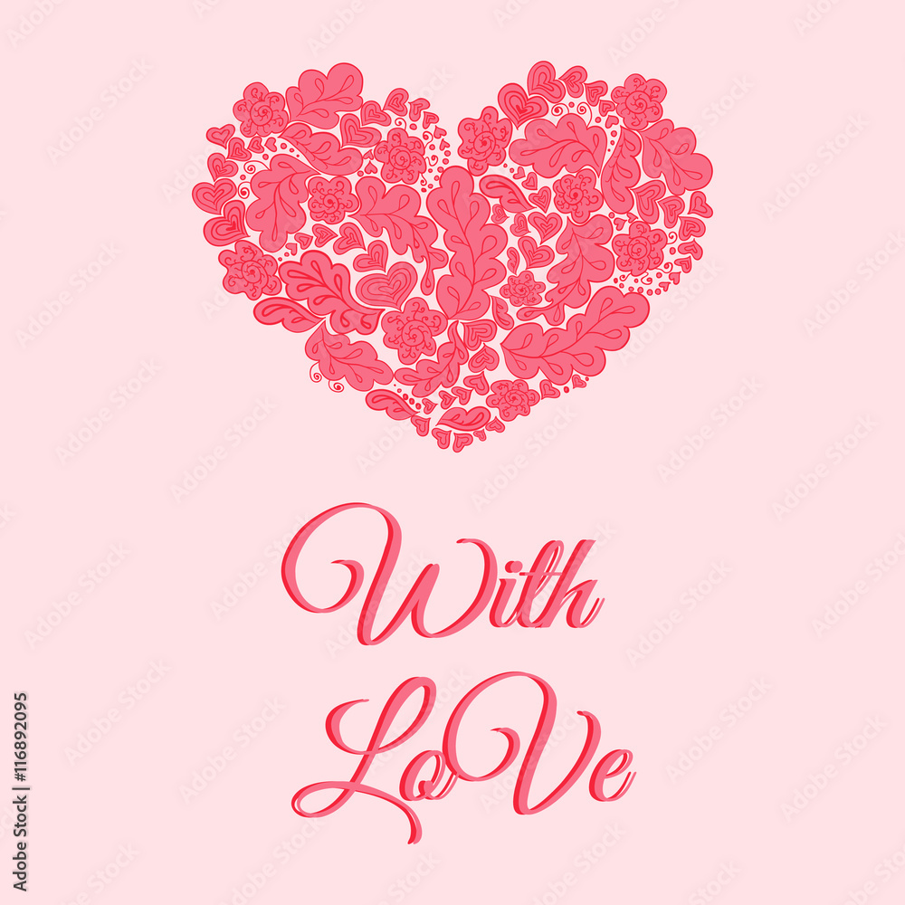 Floral doodle pink card. White and rose heart. With love Floral doodle pink card. White and rose heart. With love