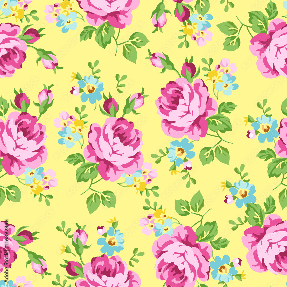 Seamless floral pattern with pink roses on a dark yellow background