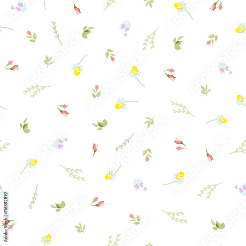 Seamless floral pattern with small camomiles, roses and sprigs of plants