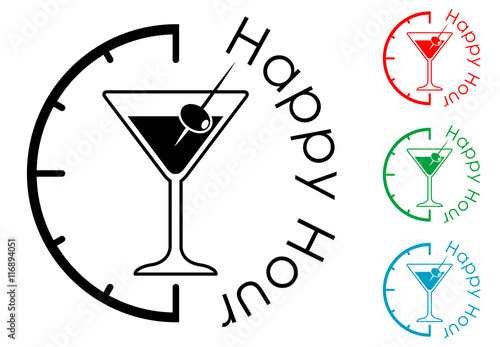 Icono plano Happy Hour con coctel con aceituna varios colores