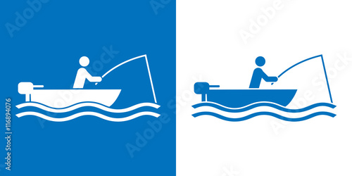 Icono plano pescador en barca azul