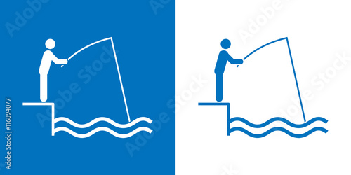 Icono plano pescador en muelle azul
