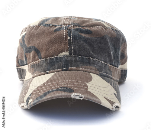 Isolated camouflage army hat on a white background.