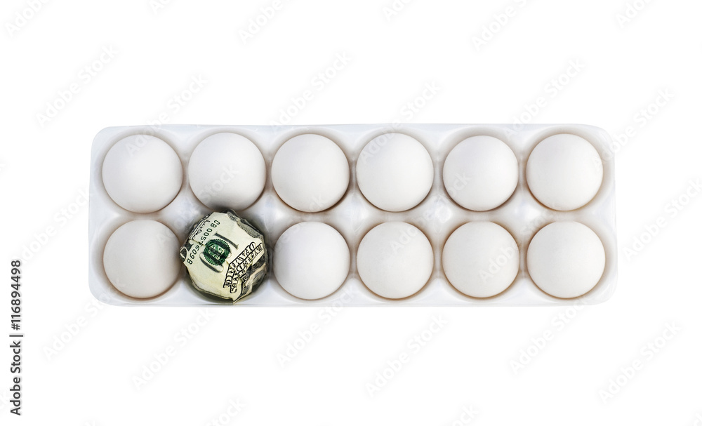 Isolated eggs with one egg wrapped with a hundred dollar bill. Diversify your portfolio. Isolated eggs with one egg wrapped with a hundred dollar bill. Diversify your portfolio.