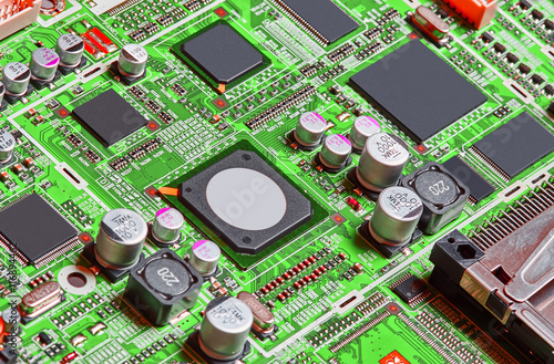 Electronic circuit board close up.