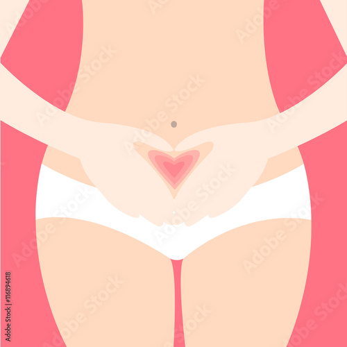 Gynecology Vector illustration Woman holds her clasped hands in the shape of heart before stomach