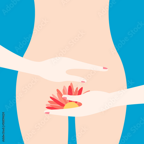 Gynecology Vector illustration Woman holds a flower in hands before stomach