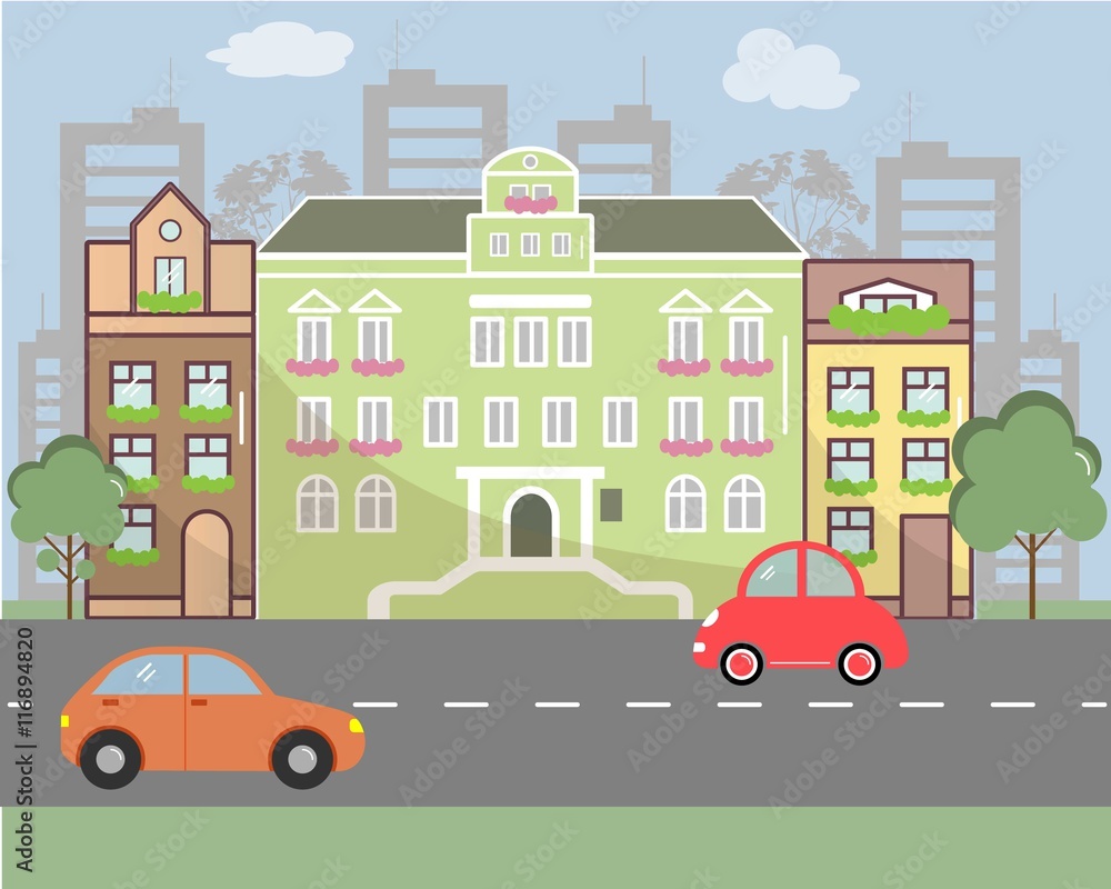 City landscape in flat design style. Vector illustration. There are buildings, road, cars on the picture