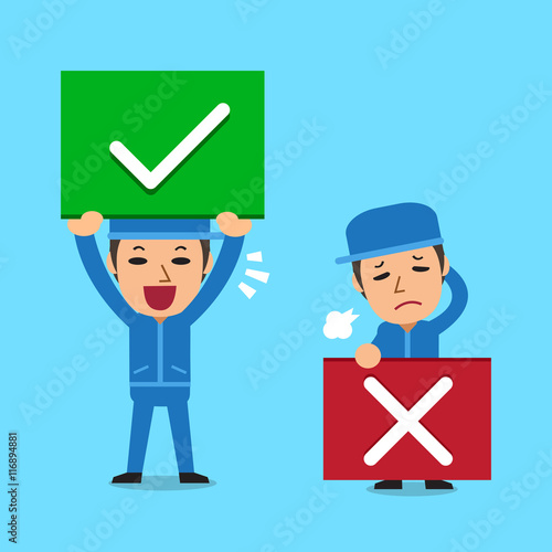 Technician with right and wrong signs