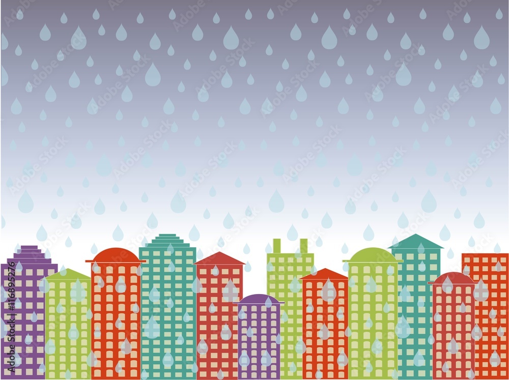 City series background. Colorful buildings, blue cloudy sky, rain in the town, vector illustration