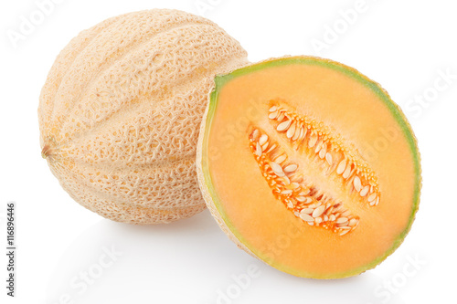 Cantaloupe melon and half isolated on white, clipping path