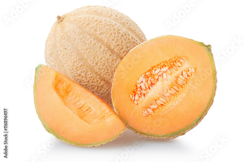 Cantaloupe melon section and slice on white, clipping path