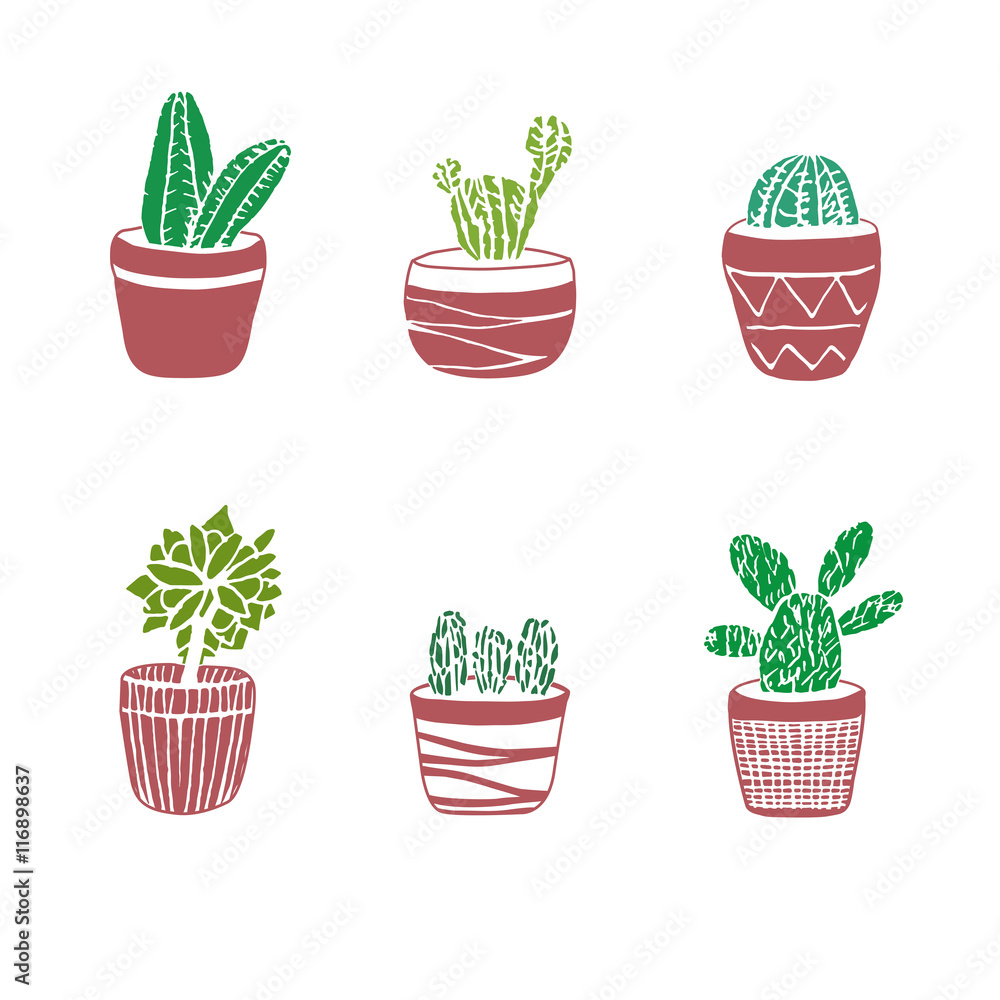 Hand drawn set of Cactus in the pots. Hand drawn set of Cactus in the pots.