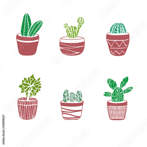 Hand drawn set of Cactus in the pots.