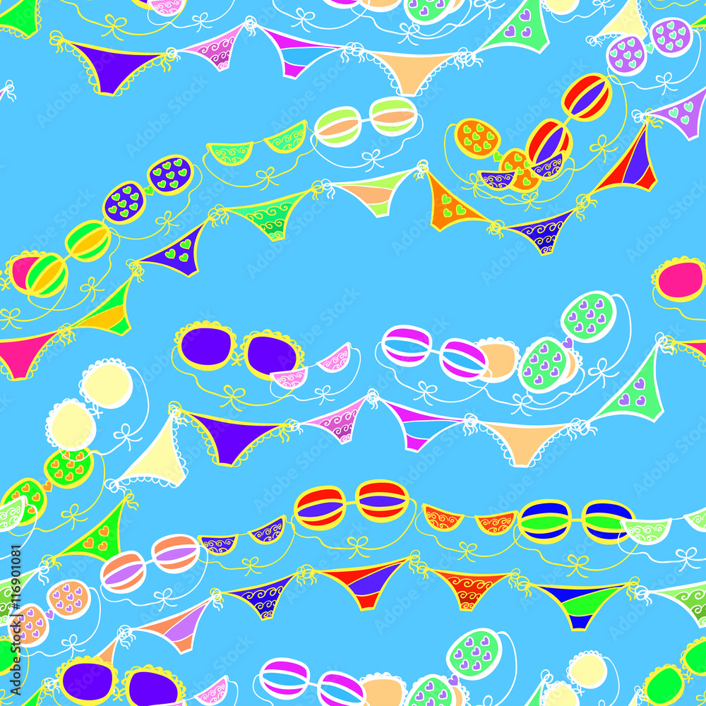 seamless pattern c separate bathing suits on a blue background.