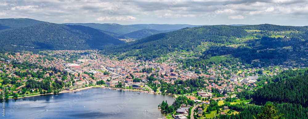 Fototapeta premium Panoramic view on Gerardmer town in the mountains Vosges, France