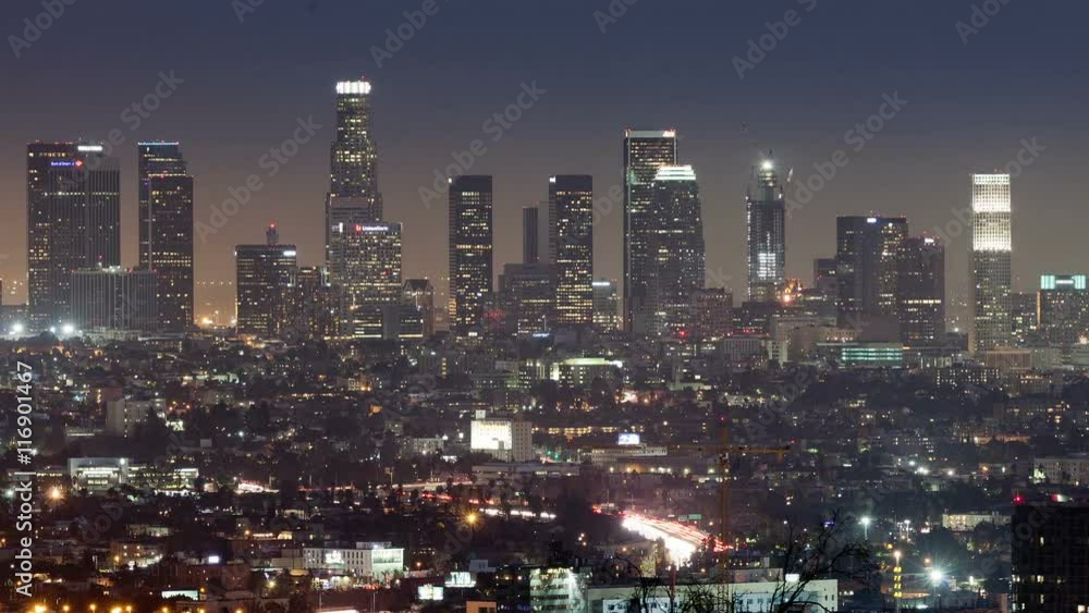 Time Lapse of Downtown Los Angeles going from twilight to night.