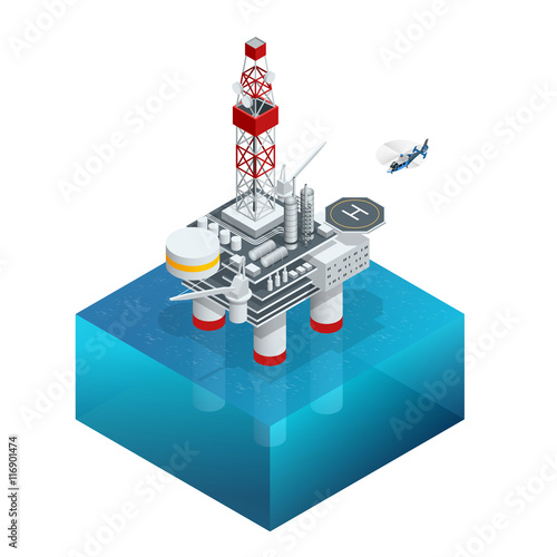 Oil and gas platform in the gulf or the sea. The world energy. Offshore oil and rig construction. Vector isometric icon.