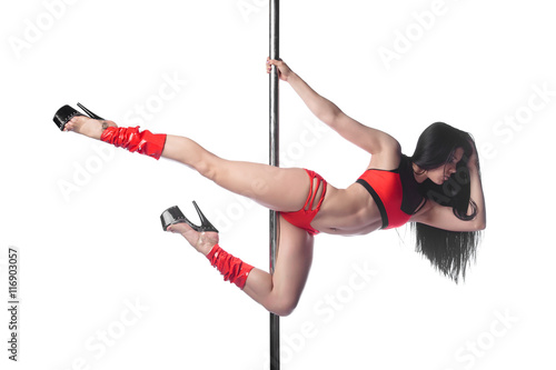 Young sexy pole dance woman dancer dancing on white background
