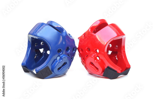 Taekwondo head guard in blue and red color isolated