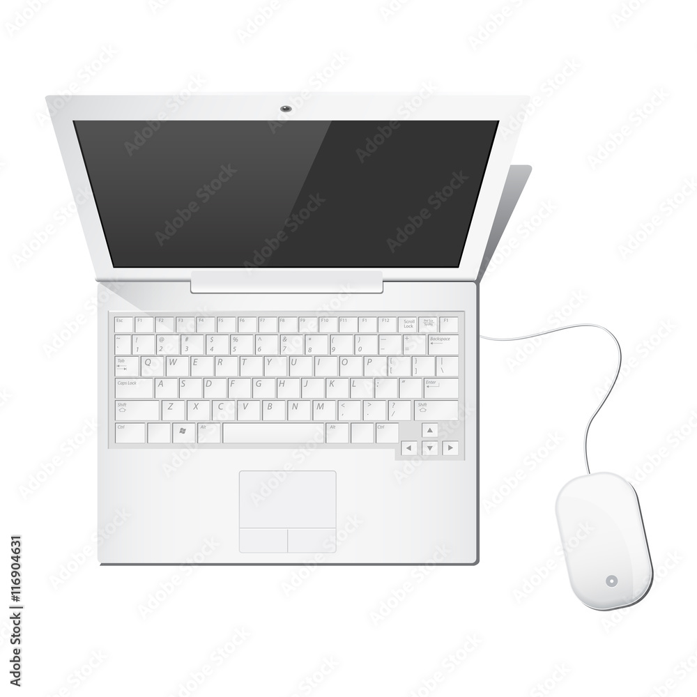 white laptop computer and wired mouse illustration white laptop computer and wired mouse illustration