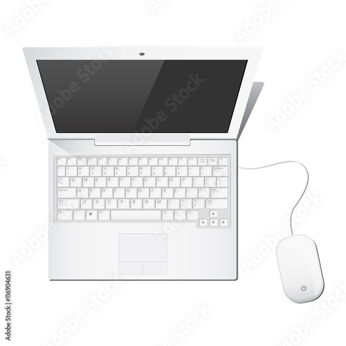 white laptop computer and wired mouse illustration