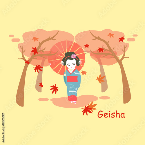 beautiful Japan geisha and maple