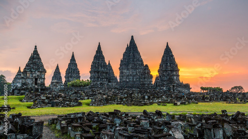 Sunset over Prambanan temple near Yogyakarta in Central Java, Indonesia photo