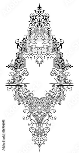 Vintage Baroque Victorian frame border monogram floral engraved scroll ornament leaf retro flower pattern decorative design tattoo black and white filigree calligraphic vector heraldic shield swirl