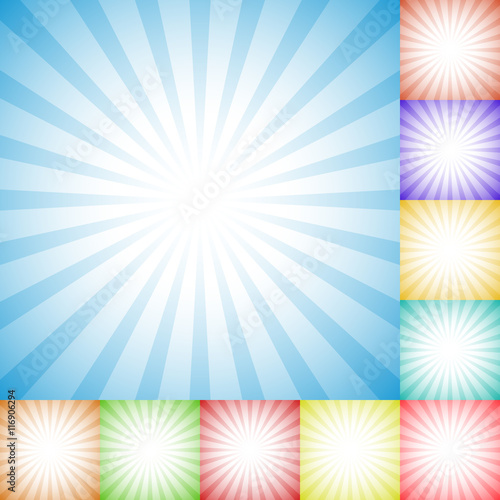 Sunburst, starburst pattern set in 10 colors - Radial, convergin
